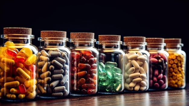 Patient and pills or meds in blisters and jars Concept of medication medicament medicine pharmaceuti