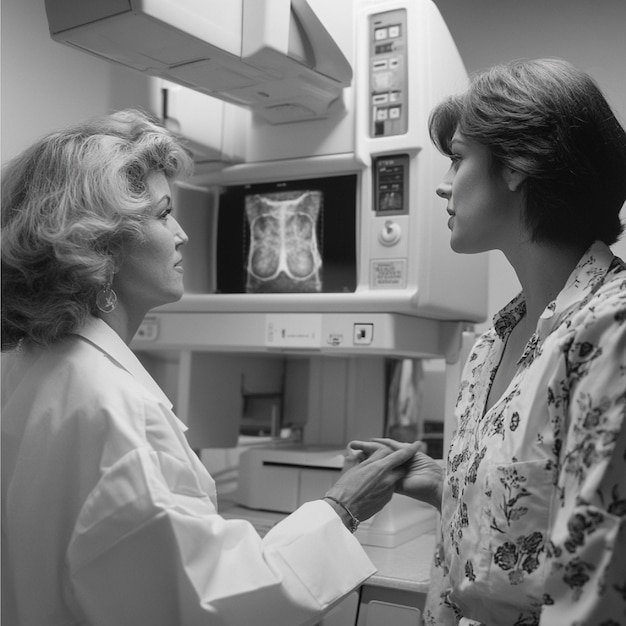 Photo a patient receiving a mammogram screening for breast cancer detection and discussing the results wit