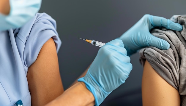 Photo patient receiving upper arm vaccination from gloved healthcare professional in clinical setting