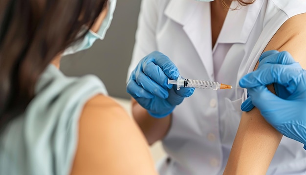 Photo patient receiving upper arm vaccination from gloved healthcare professional in clinical setting