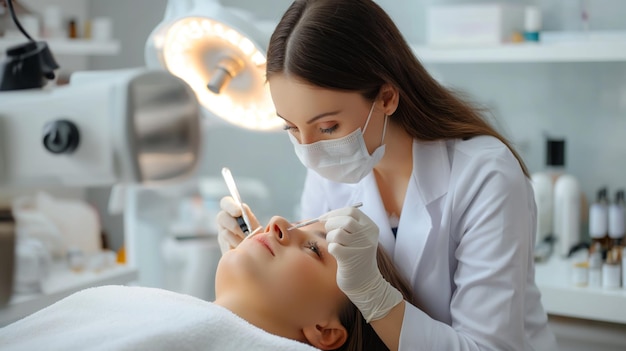 Patient relaxes during a cosmetic procedure with a professional cosmetologist wearing gloves and a mask working on her eyebrows in a clean bright beauty clinic