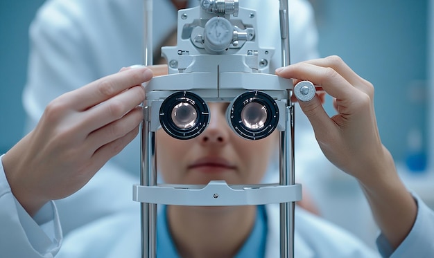 Photo patient sitting in front of a phoropter during an checkup