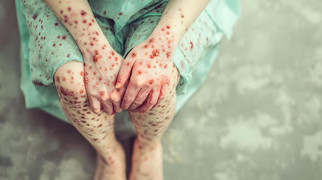 Photo patient suffering from chickenpox virus sitting on floor