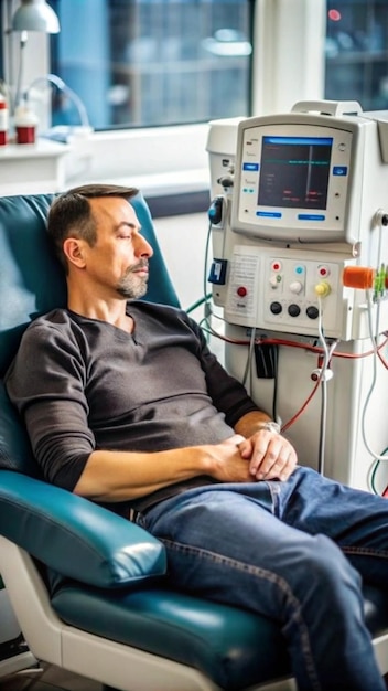 A patient undergoing dialysis reclined in a chair with a machine filtering their blood