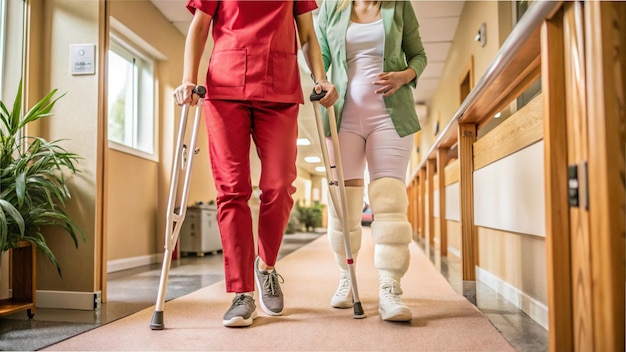 Photo a patient with a cast on their leg using crutches to walk down a hospital hallway