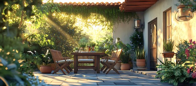 Patio Dining Set with Sunlight Streaming Through Greenery