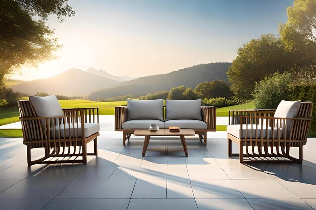 Patio furniture with a view of the mountains