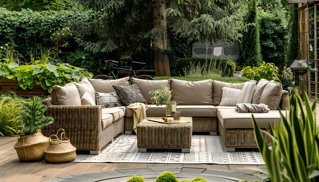 Patio Garden Urban neutral outdoor living space Exterior photo Outdoor living room with couch comfy cushions throw pillows love seat chairs and coffee table Backyard with greenery plants