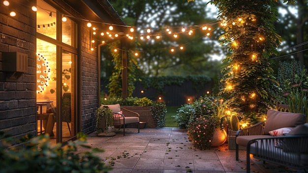 The patio of a gorgeous suburban home basks in the gentle light of a summer evening with twinkling lights strung across the garden inviting a peaceful end to the day