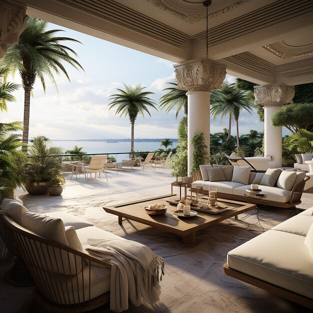 A Patio of a luxurious villa with beautiful view of the ocean and palm trees