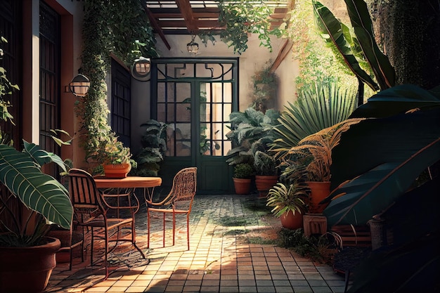 Patio surrounded by lush greenery and warm sunlight created with generative ai