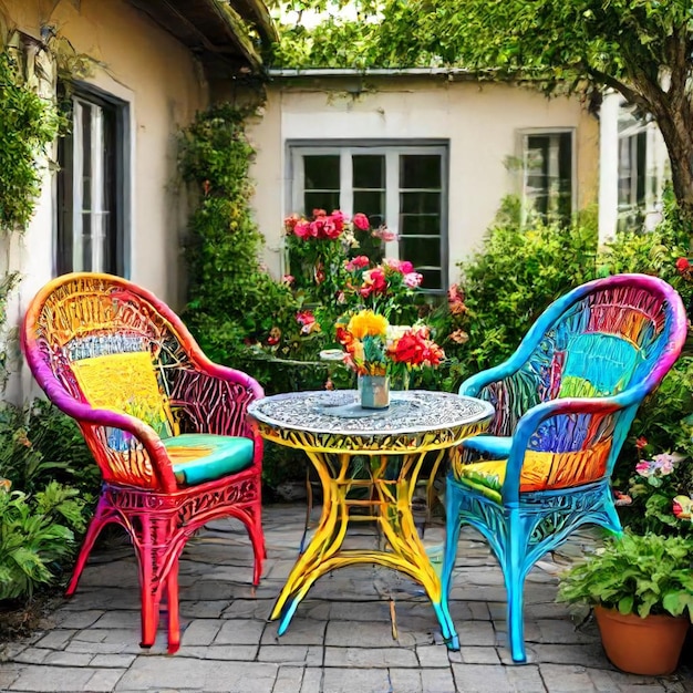 a patio with colorful chairs and a table with a sign that saysthe wordon it