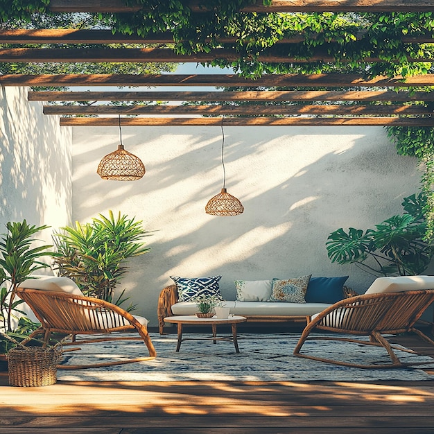 Photo a patio with a couch and chairs and a table with a blue couch