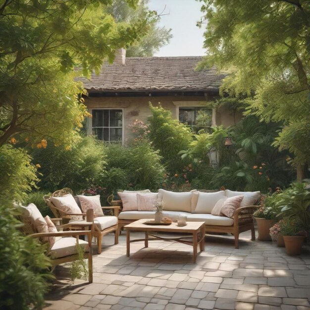 Photo a patio with a couch and a table with chairs and a brick building