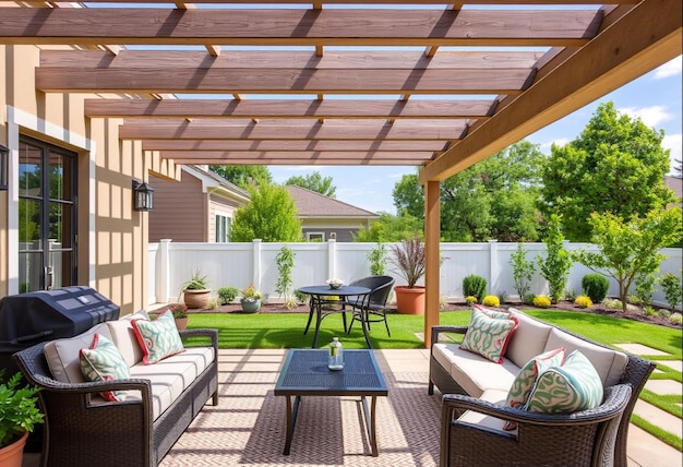 a patio with a couch and a table with a glass of wine on it