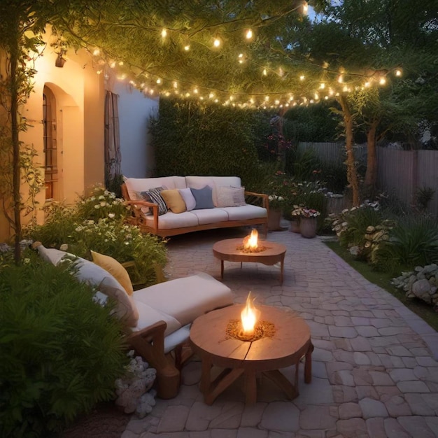 a patio with a couch and a table with lights on it