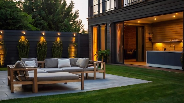 a patio with a couch and a table with a plant in the foreground