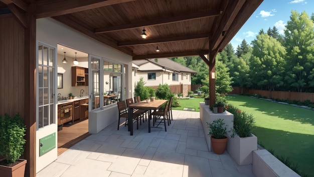 A patio with a covered area and a table with a bench and a planter on the side.