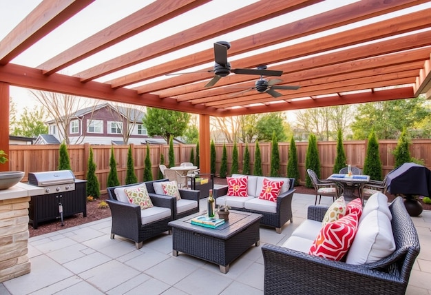 Photo a patio with a deck that has a lot of furniture and a ceiling fan