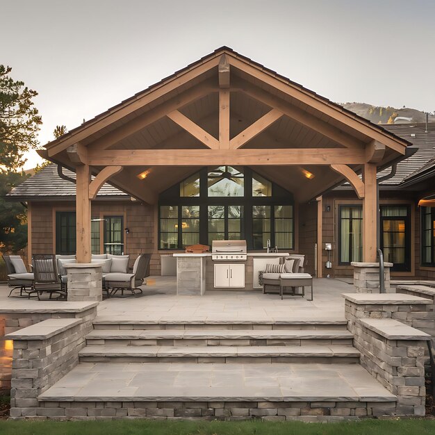 a patio with a fire place and a fire place with a fire pit in the background