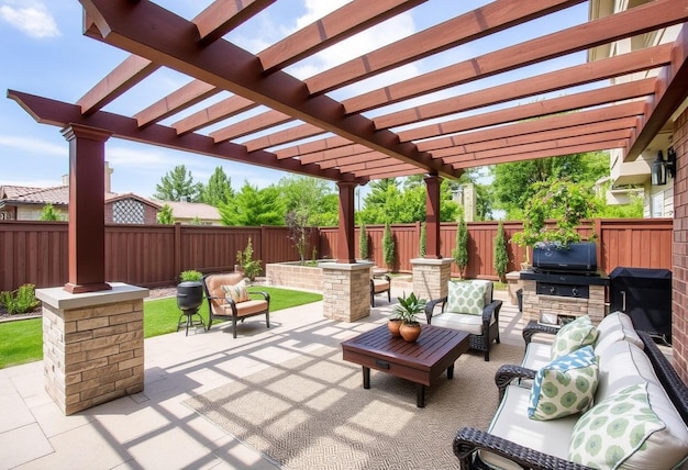 a patio with a fire place and a fire place with a fire pit in the background