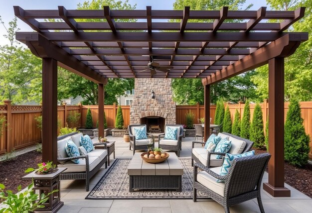 Photo a patio with a fire place and a fire place with a fire place in the background