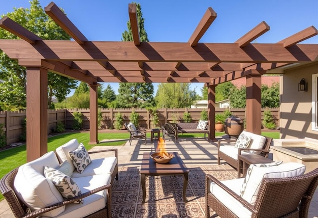 a patio with a fire place and a fire place with a fire place in the background