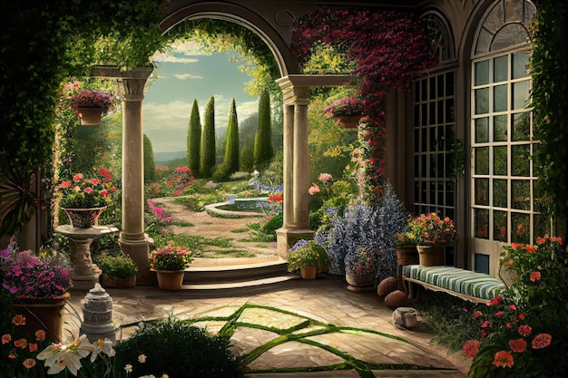 Patio with full view of the garden surrounded by greenery and flowers created with generative ai