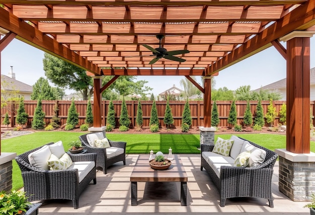 Photo a patio with a large deck that has a lot of furniture and a ceiling fan