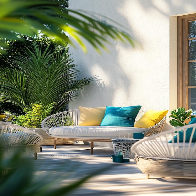 a patio with a lot of chairs and a window with the word quot on it