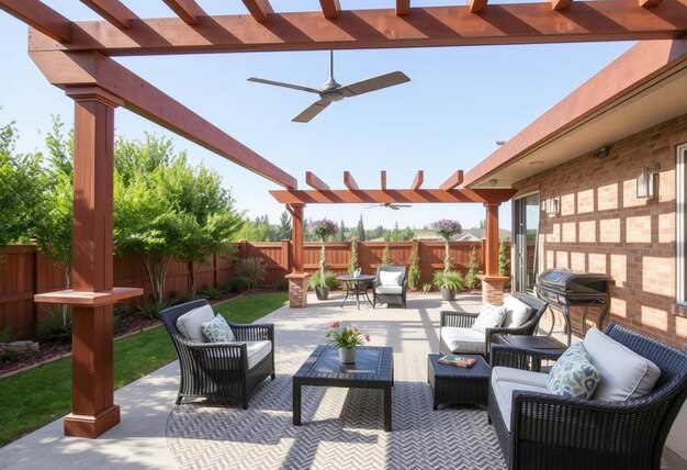 Photo a patio with a lot of furniture and a ceiling fan