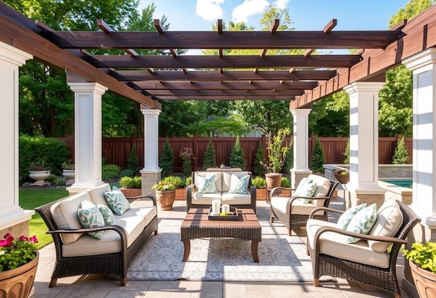 a patio with a lot of furniture and a pergola