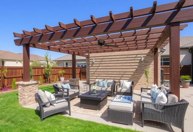 a patio with a lot of furniture and a sky background