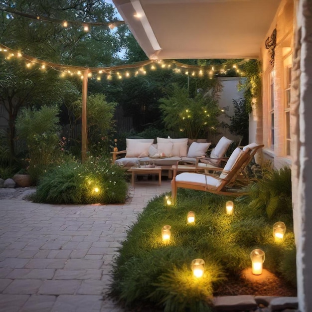 a patio with a lot of lights and a porch with a patio in the background