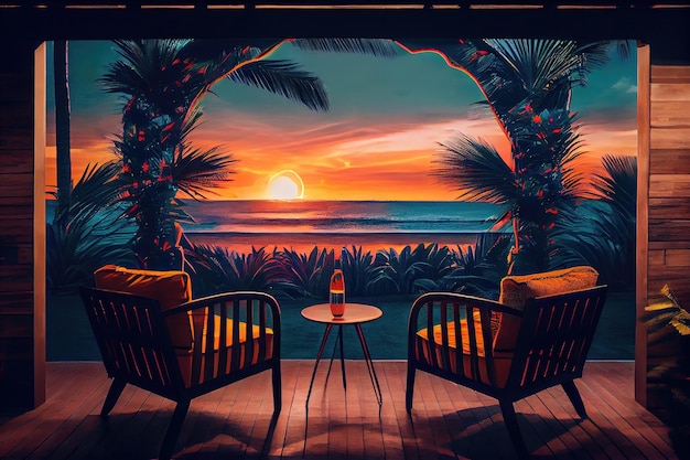 Patio with lounge chairs and tropical drink against sunset backdrop created with generative ai