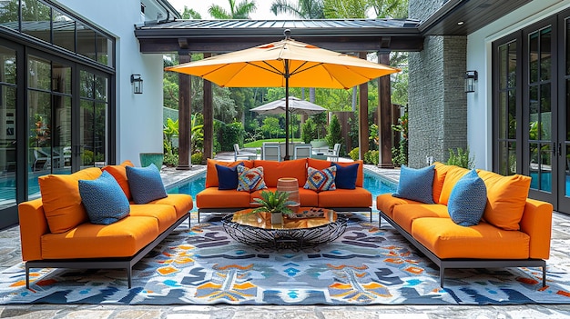 a patio with orange furniture and a patio umbrella that says  welcome to the beach