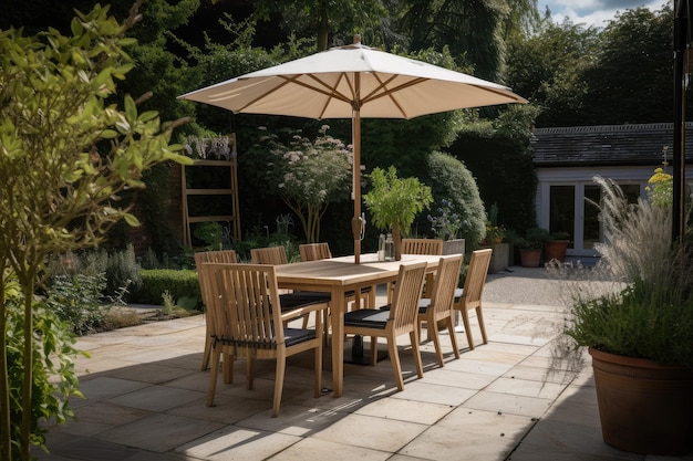 Patio with outdoor dining set ready for alfresco meal created with generative ai