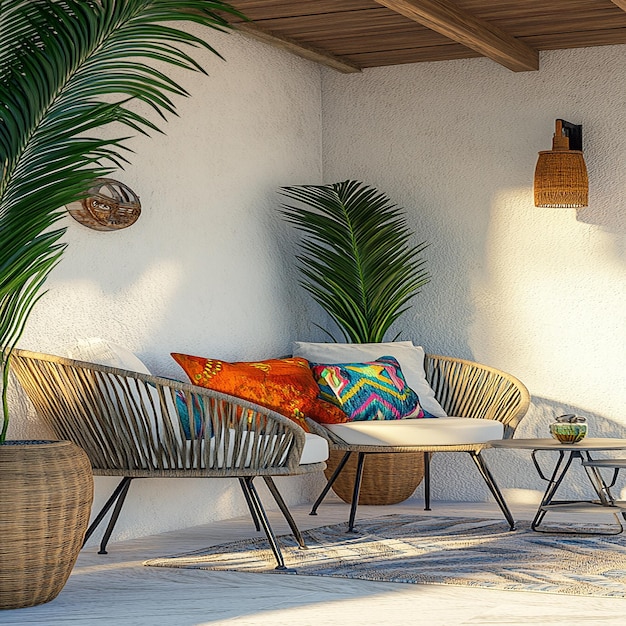 a patio with a palm tree and a chair with a red pillow on it