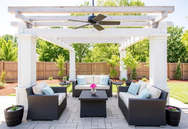 Photo a patio with a patio that has a lot of furniture and a ceiling fan