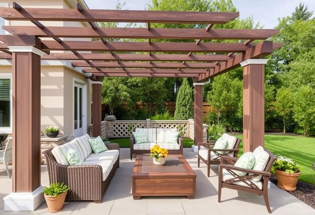 a patio with a patio that has a lot of furniture and flowers on it