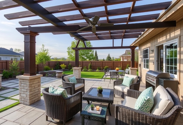 a patio with a patio that has a patio that has a fire pit and a patio with a fire pit