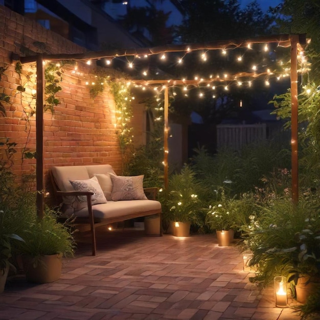 a patio with a patio that has a patio with a couch and lights