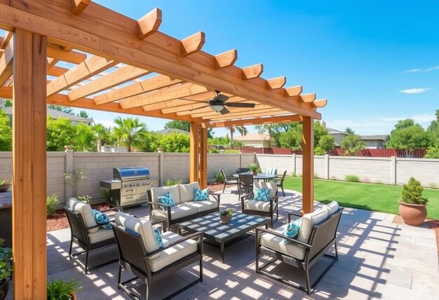 Photo a patio with a patio that has a table and chairs and a ceiling fan