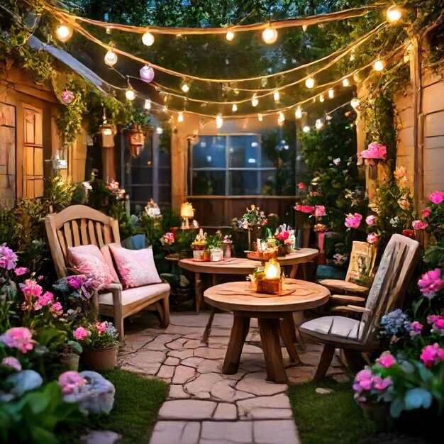 Photo a patio with a patio with a table and chairs and lights hanging from the ceiling