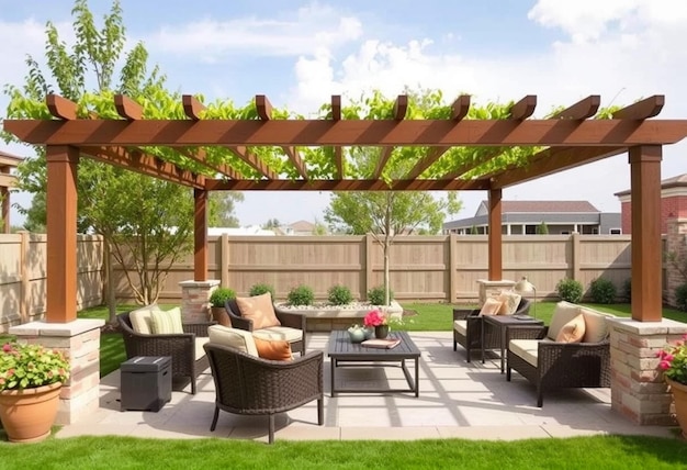 a patio with a pergola and a patio table