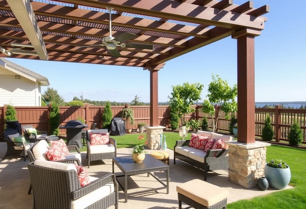 a patio with a pergola and a patio with a view of the backyard