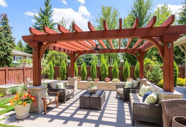 a patio with a pergola and a pergola with a sky background