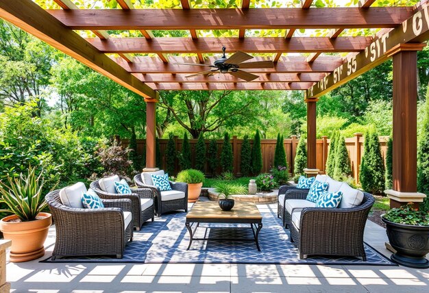 a patio with a pergola and a pergola