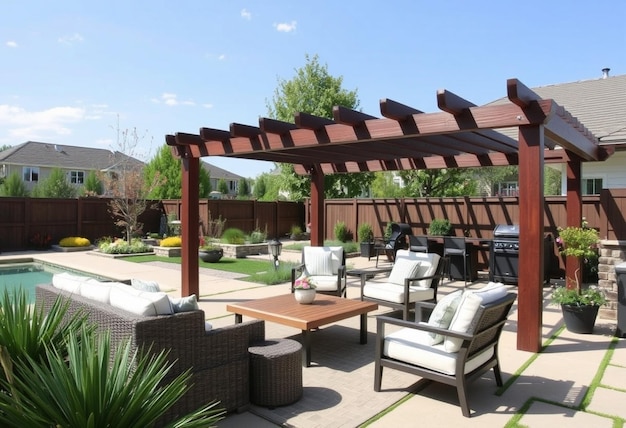 a patio with a pergola and a table with chairs and a sky background