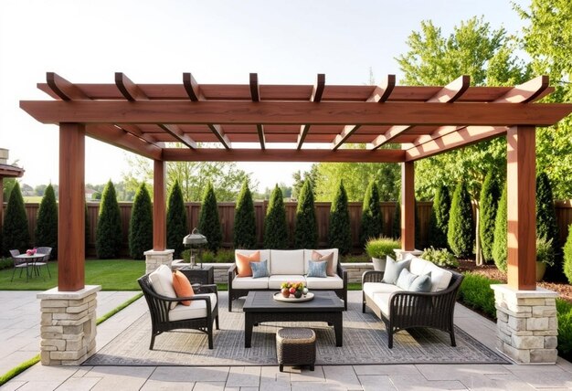 a patio with a pergola and a table with chairs and a table with a lot of seating